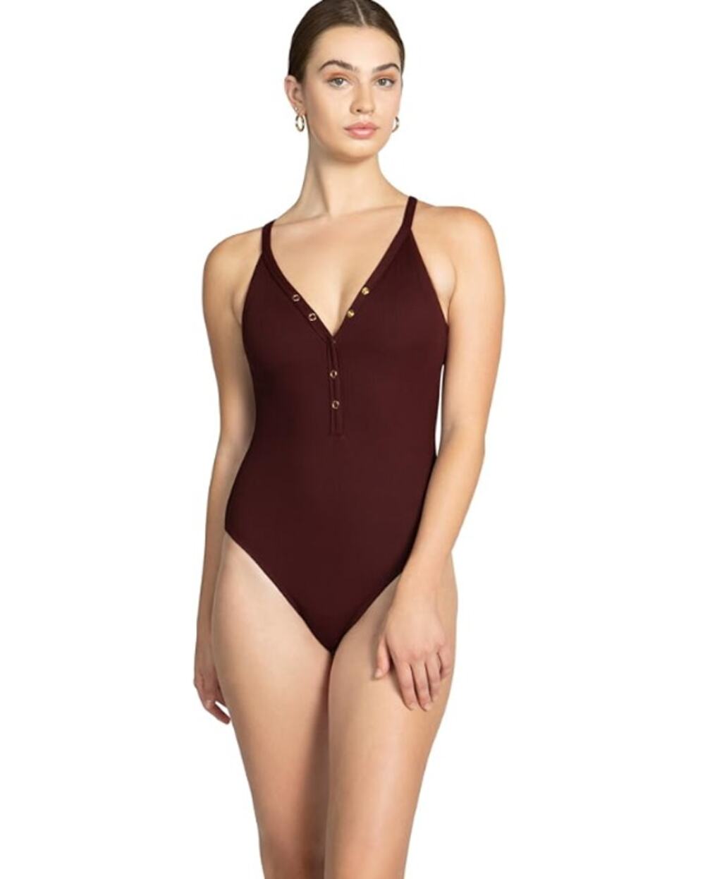 ROBIN PICCONE Women's Amy Snap V Neck One-Piece Swimsuit Size 6 Red AllSpice NWT